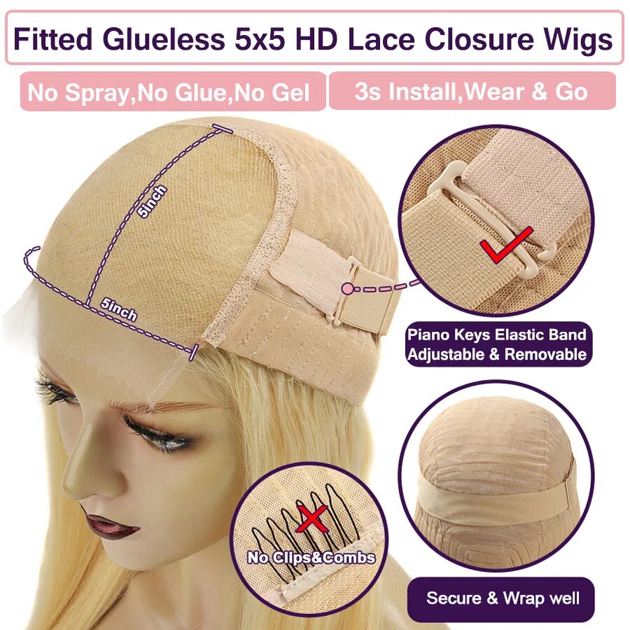 Wow Angel 32inch Glueless Blonde Wigs 5x5 HD Lace Closure Human Hair