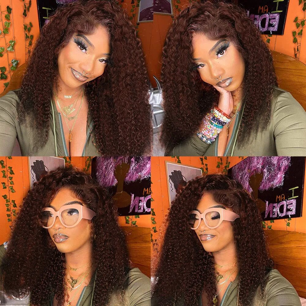 Dark Brown Jerry Curly Human Hair Wigs Lace Frontal Indian Closure Pre-Plucked
