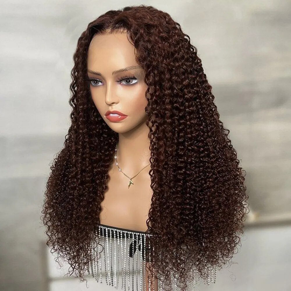 Dark Brown Jerry Curly Human Hair Wigs Lace Frontal Indian Closure Pre-Plucked
