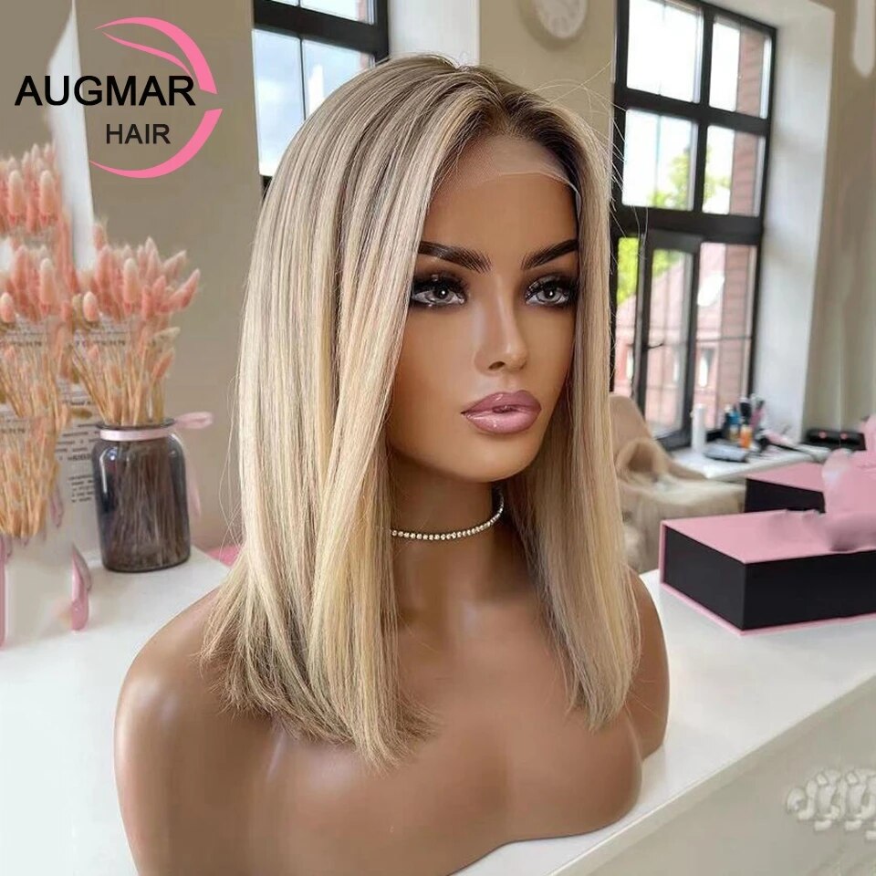 Short Ash Blonde 360 Lace Frontal Wig Brown Highlight Human Hair 13x4 Straight Bob