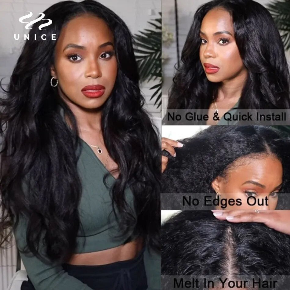 UNice Hair V Part Wig I-Part Wig Human Hair Kinky Straight Glueless U Part, Blend with Your Own Hairline