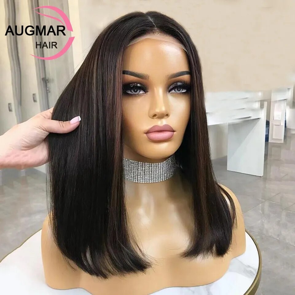 Short Ash Blonde 360 Lace Frontal Wig Brown Highlight Human Hair 13x4 Straight Bob