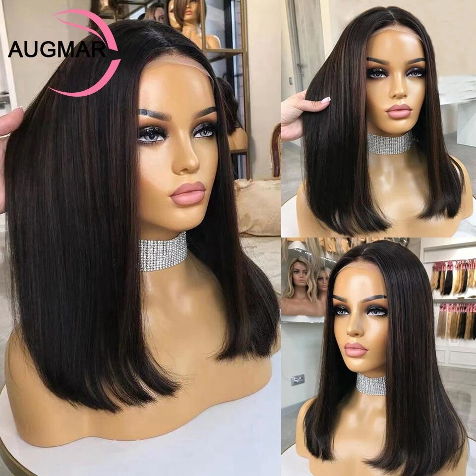 Short Ash Blonde 360 Lace Frontal Wig Brown Highlight Human Hair 13x4 Straight Bob