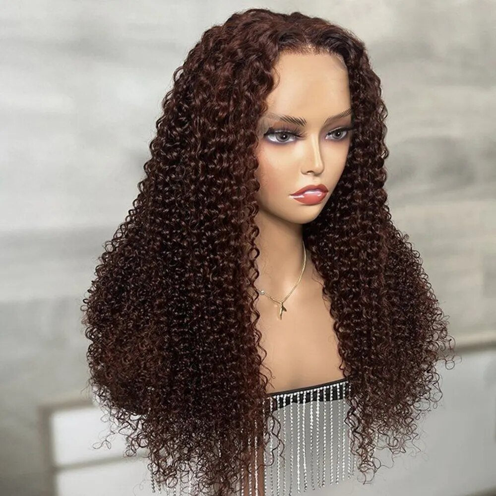 Dark Brown Jerry Curly Human Hair Wigs Lace Frontal  Indian Closure Pre-Plucked