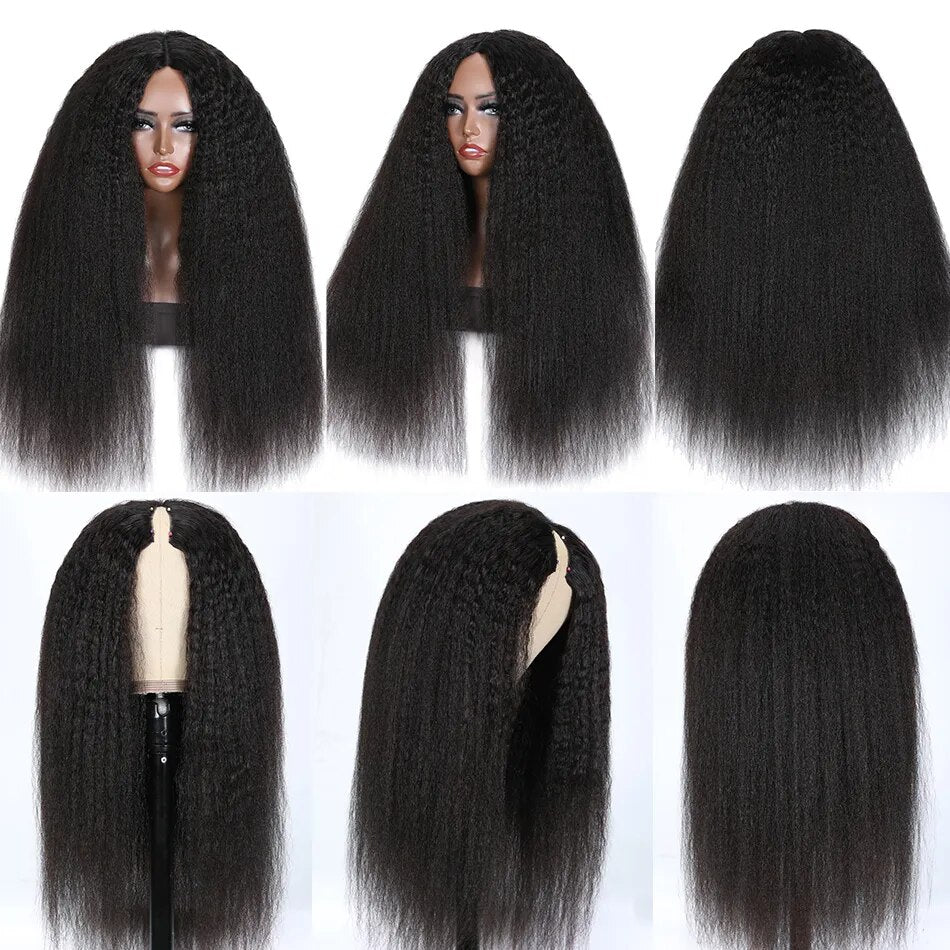 UNice Hair V Part Wig I-Part Wig Human Hair Kinky Straight Glueless U Part, Blend with Your Own Hairline